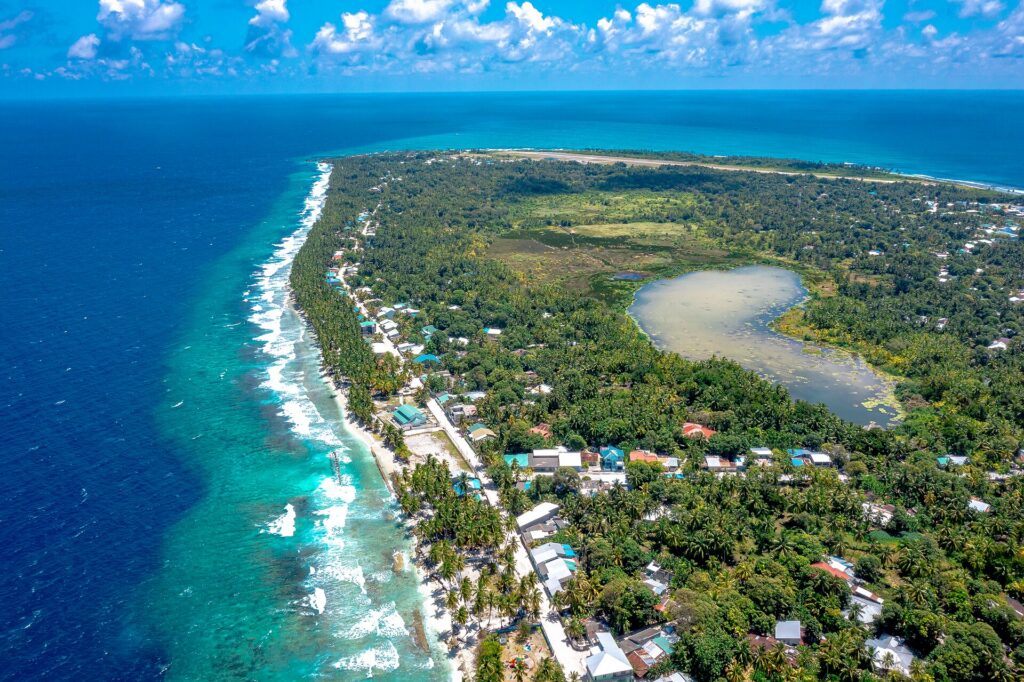 Aerial view of Fuvahmulah, a single-island atoll in the south of the Maldives