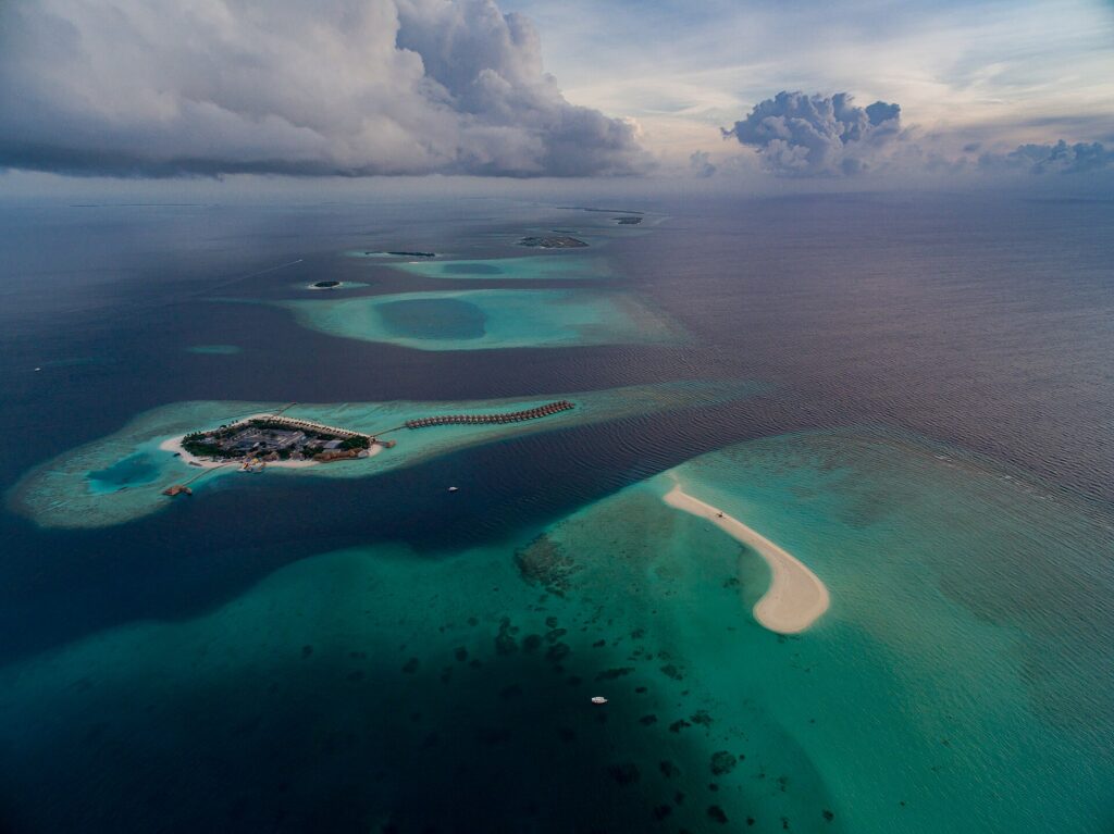Aerial view of reef islands in Lhaviyani Atoll