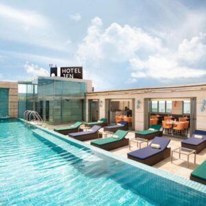 Pool terrace with sun loungers at Jen Maldives Male by Shangri-La